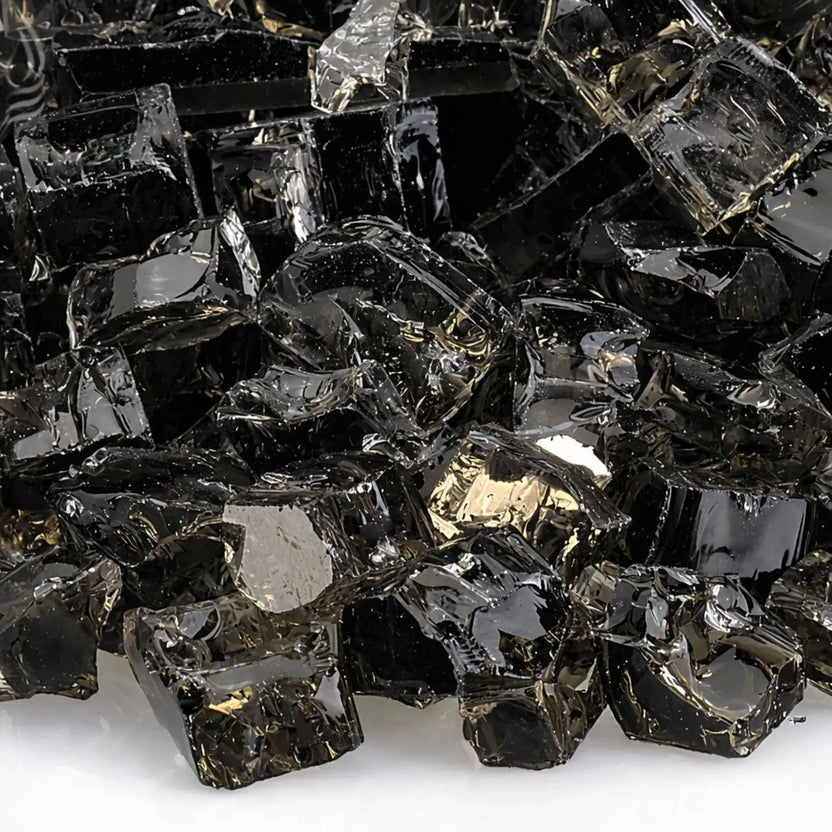 Tight close-up of American Fire Products 1/2 inch premium reflective bronze fire glass, showing smoky brown tempered glass pieces with angular edges and mirrored backing that catches light and adds depth to the rich bronze tone.