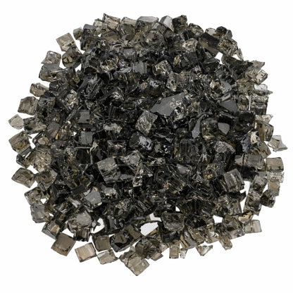 Overhead view of American Fire Products 1/2 inch premium reflective bronze fire glass arranged in a circular mound, highlighting the translucent smoky brown color, polished surfaces, and reflective backing designed to amplify flame shimmer.