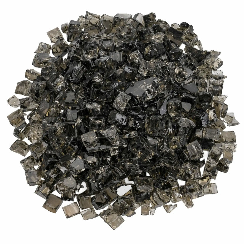 Overhead view of American Fire Products 1/2 inch premium reflective bronze fire glass arranged in a circular mound, highlighting the translucent smoky brown color, polished surfaces, and reflective backing designed to amplify flame shimmer.