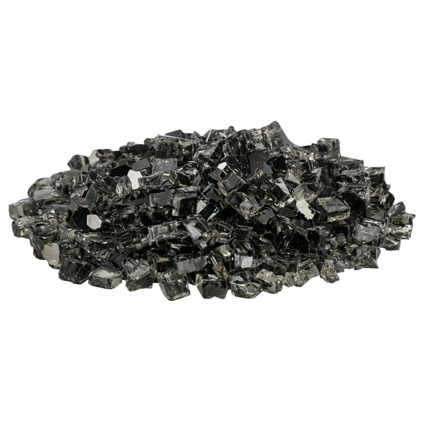 Mound of American Fire Products 1/2 inch premium reflective bronze fire glass featuring smoky brown translucent tempered pieces with mirrored backing, displayed against a white background to showcase its warm metallic tone and reflective finish.