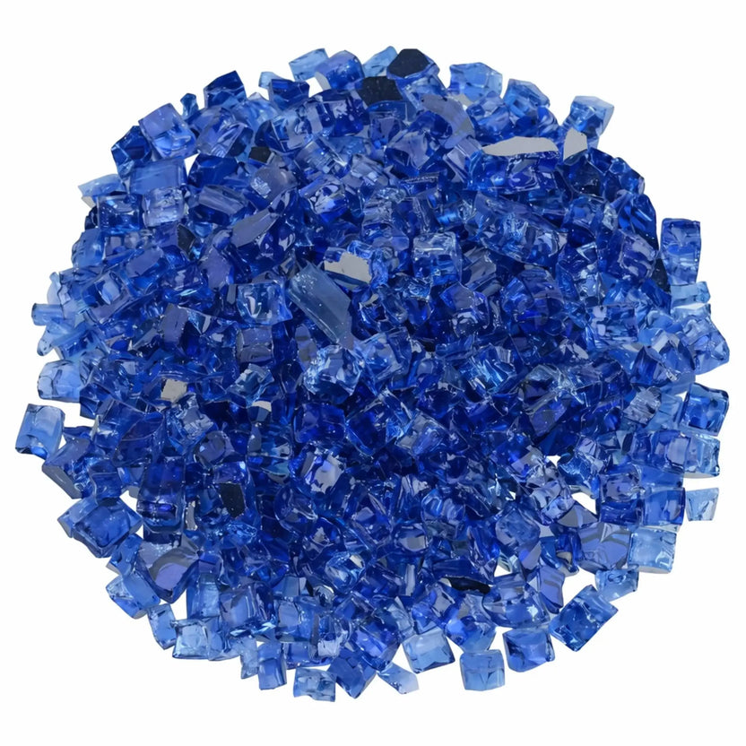 Top-down view of American Fire Products 1/2 inch premium reflective cobalt blue fire glass arranged in a circular display, emphasizing the bold blue color, angular tempered pieces, and mirrored backing for enhanced flame brilliance.