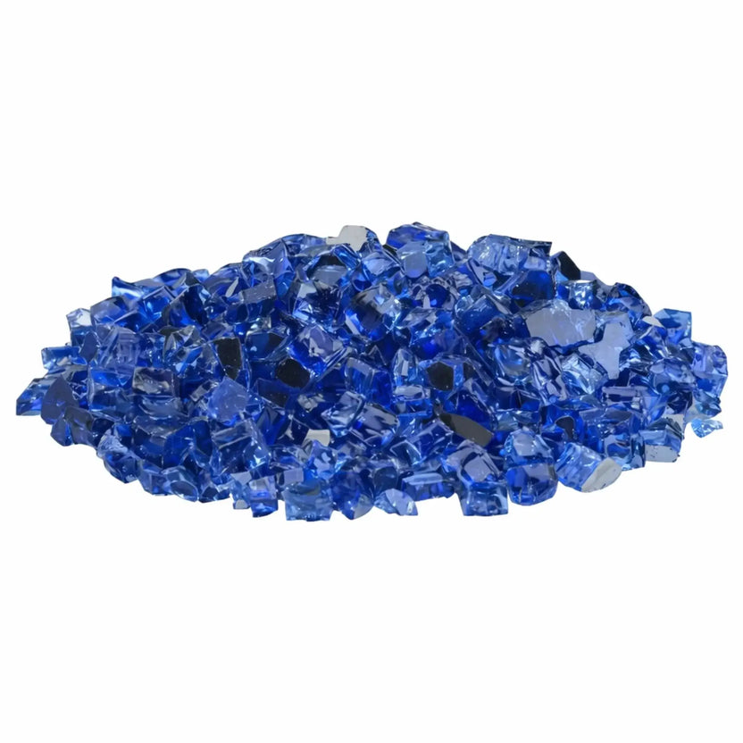 Pile of American Fire Products 1/2 inch premium reflective cobalt blue fire glass featuring vibrant deep blue tempered glass pieces with glossy faceted edges and mirrored backing, displayed on a white background for clean product presentation.