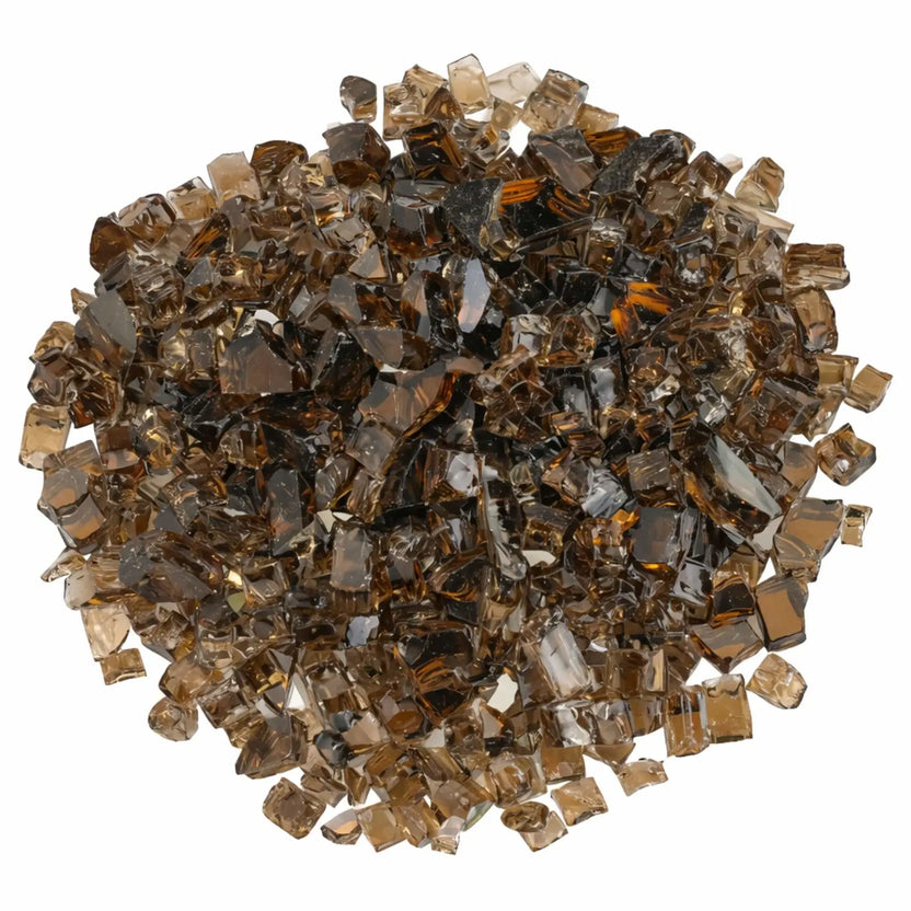 Overhead view of American Fire Products 1/2 inch premium reflective copper fire glass arranged in a full circular mound, highlighting the rich amber and smoky brown tones, angular tempered edges, and mirrored backing that enhances flame reflection in gas fire pits.