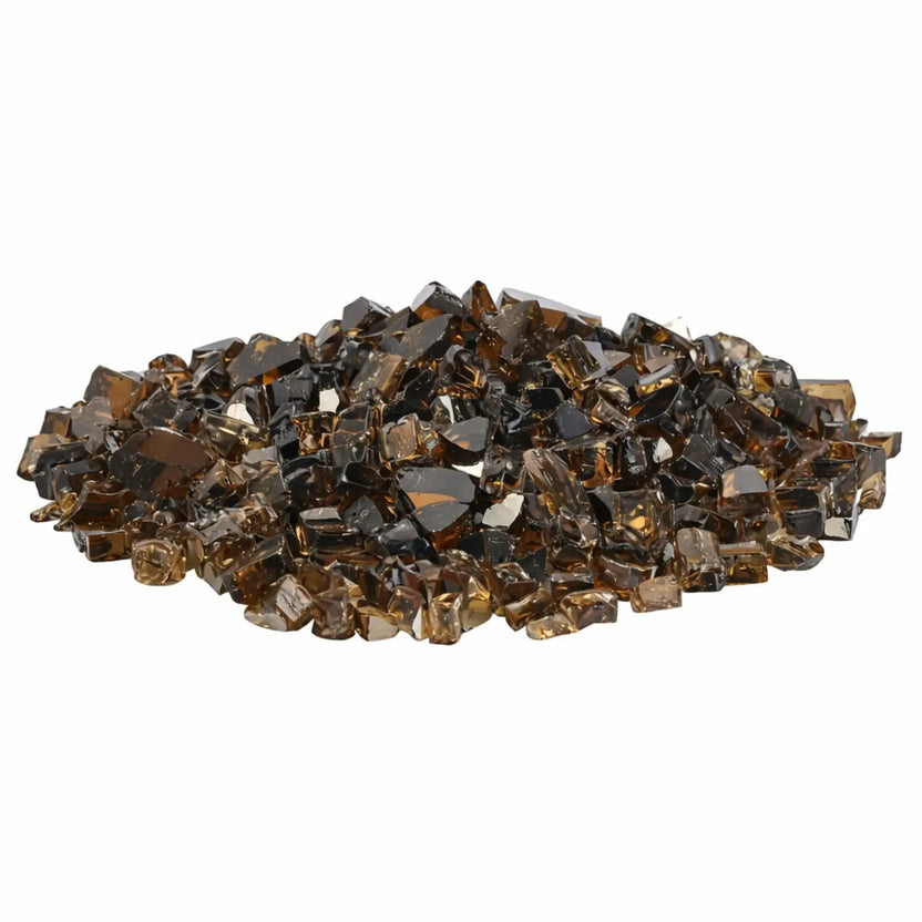 Mound of American Fire Products 1/2 inch premium reflective copper fire glass with warm amber-brown tempered glass pieces and mirrored backing, photographed on a white background to highlight the rich metallic-inspired color.