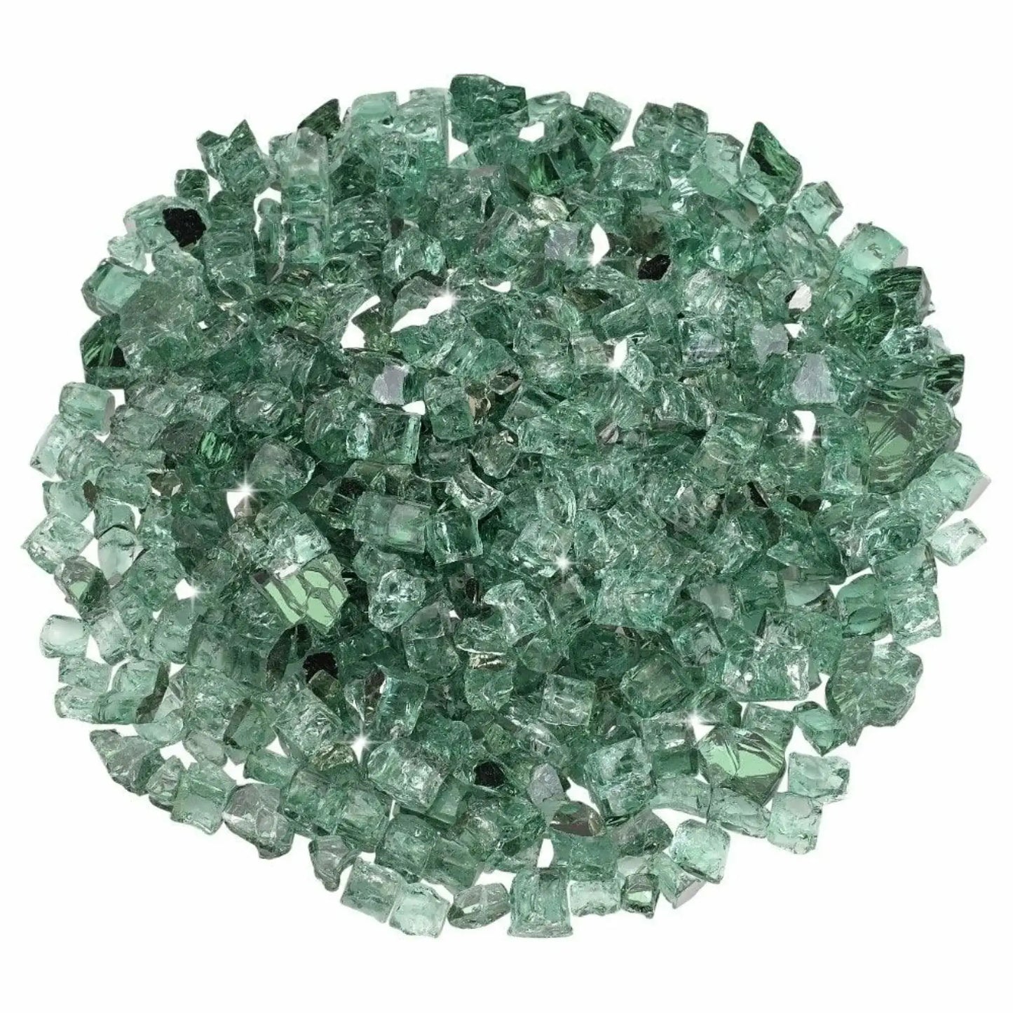 Top-down view of American Fire Products 1/2 inch premium reflective evergreen green fire glass arranged in a circular display, emphasizing the translucent green color, angular tempered pieces, and reflective backing designed to amplify flame shimmer.