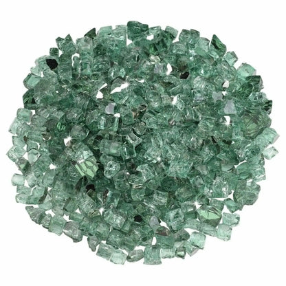Top-down view of American Fire Products 1/2 inch premium reflective evergreen green fire glass arranged in a circular display, emphasizing the translucent green color, angular tempered pieces, and reflective backing designed to amplify flame shimmer.