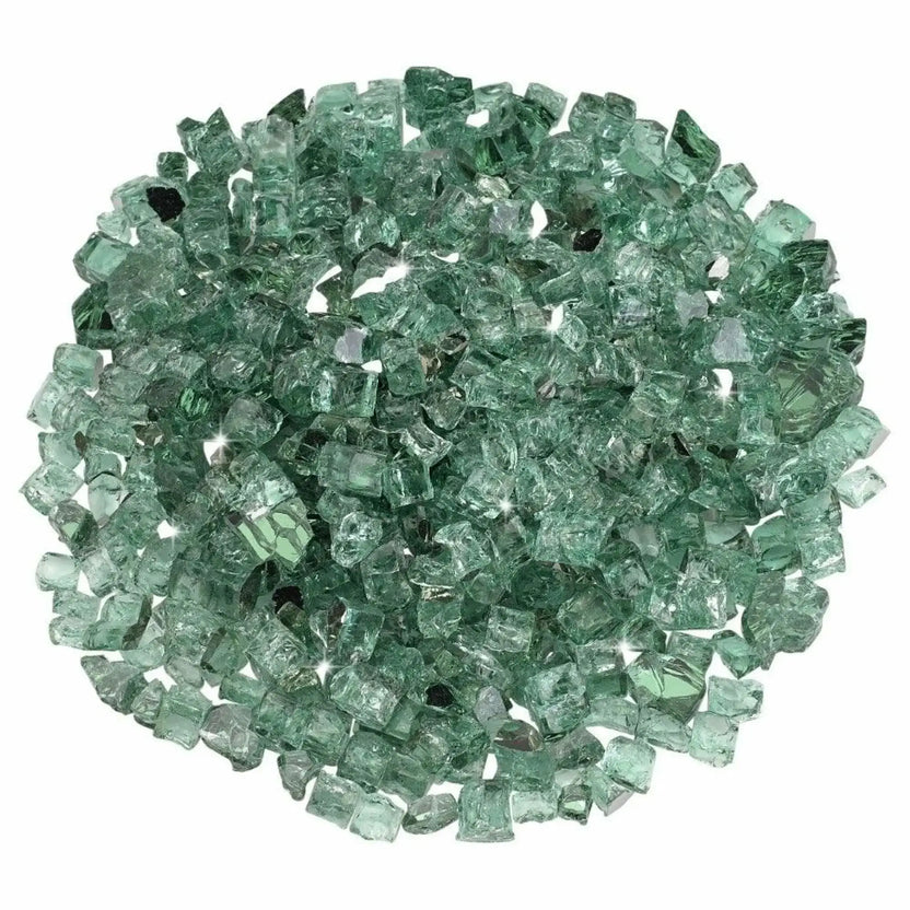Top-down view of American Fire Products 1/2 inch premium reflective evergreen green fire glass arranged in a circular display, emphasizing the translucent green color, angular tempered pieces, and reflective backing designed to amplify flame shimmer.
