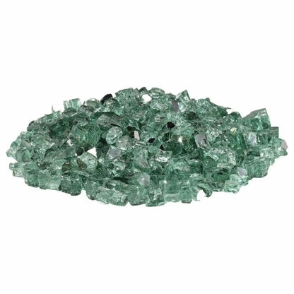 Pile of American Fire Products 1/2 inch premium reflective evergreen green fire glass featuring translucent forest green tempered pieces with glossy, faceted surfaces and reflective backing, displayed on a white background for clean product presentation.