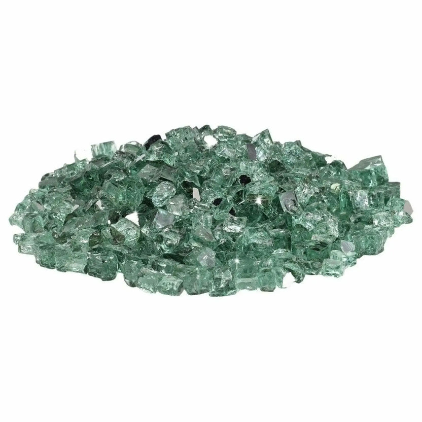 Pile of American Fire Products 1/2 inch premium reflective evergreen green fire glass featuring translucent forest green tempered pieces with glossy, faceted surfaces and reflective backing, displayed on a white background for clean product presentation.