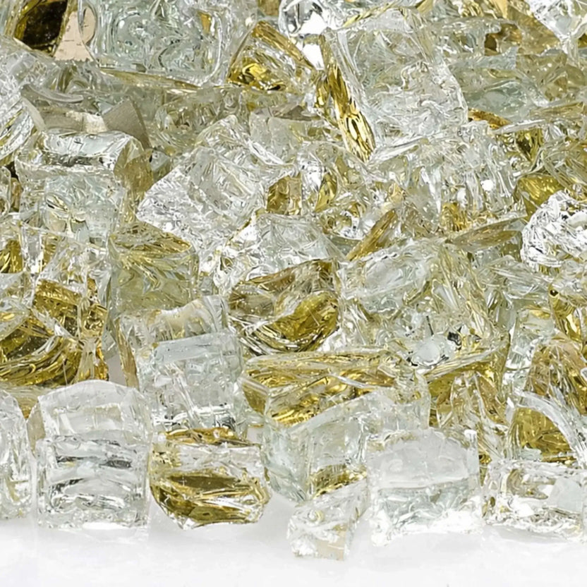 Detailed close-up of 1/2 inch premium reflective gold tempered fire glass by American Fire Products, revealing crystal-clear glass fragments with a gold mirrored underside that creates a warm glow and enhances flame brilliance.