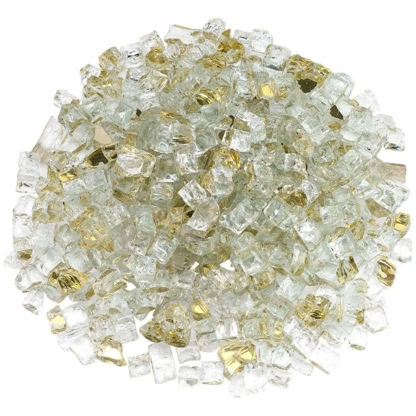 Overhead circular arrangement of American Fire Products 1/2 inch premium reflective gold fire glass, highlighting the clear tempered pieces with warm golden backing that reflect light beautifully for a radiant fire feature appearance.