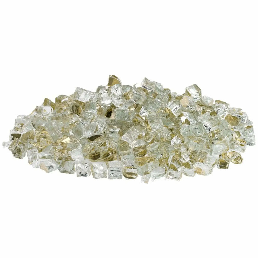 Mound of American Fire Products 1/2 inch premium reflective gold fire glass featuring clear tempered glass pieces with warm golden reflective backing, displayed on a white background to showcase its bright, metallic-inspired finish.