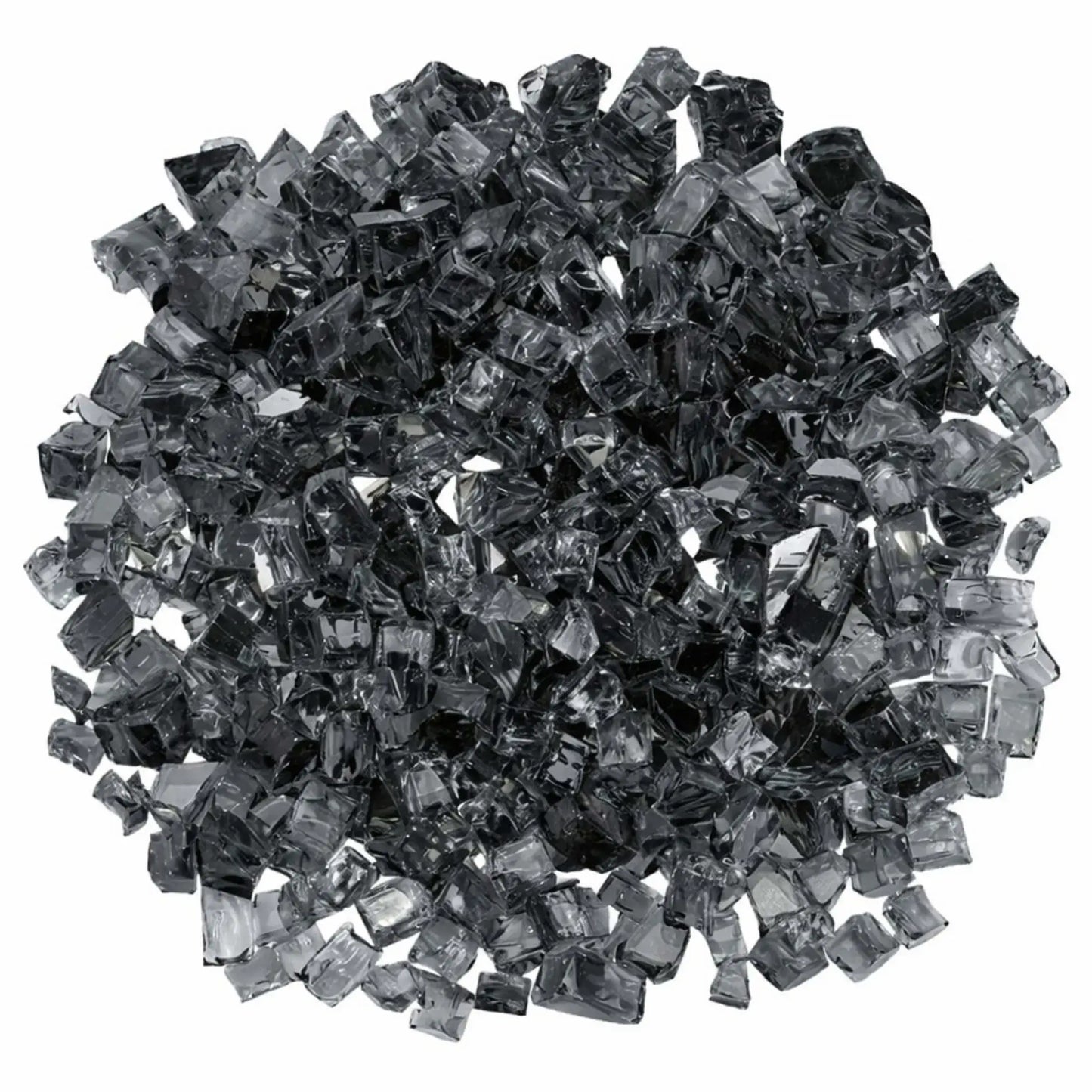 Overhead view of American Fire Products 1/2 inch premium reflective gray fire glass arranged in a circular mound, highlighting the cool smoky tone, faceted tempered fragments, and reflective coating designed to enhance flame shimmer.