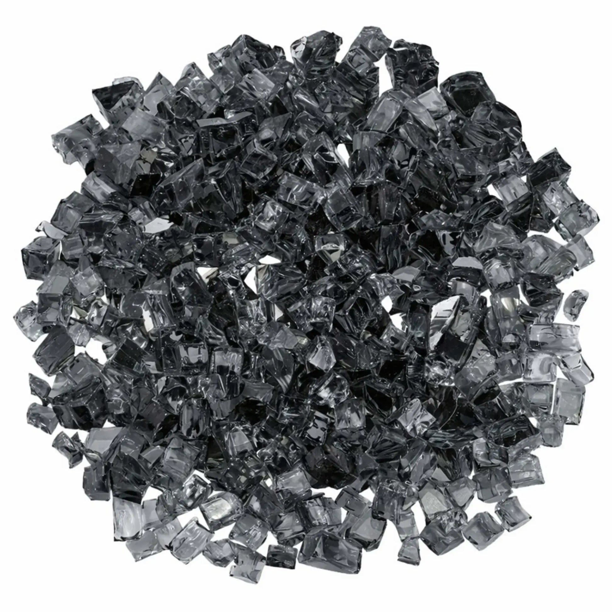 Overhead view of American Fire Products 1/2 inch premium reflective gray fire glass arranged in a circular mound, highlighting the cool smoky tone, faceted tempered fragments, and reflective coating designed to enhance flame shimmer.