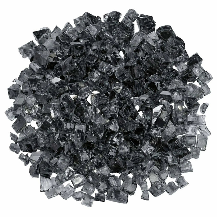 Overhead view of American Fire Products 1/2 inch premium reflective gray fire glass arranged in a circular mound, highlighting the cool smoky tone, faceted tempered fragments, and reflective coating designed to enhance flame shimmer.