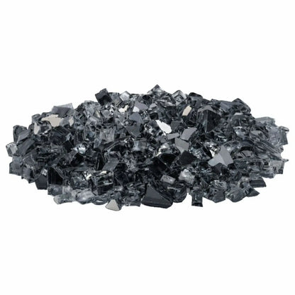 Pile of American Fire Products 1/2 inch premium reflective gray fire glass featuring smoky translucent gray tempered pieces with glossy faceted edges and mirrored backing, photographed on a white background to emphasize its sleek, modern tone for gas fireplaces and fire pits.