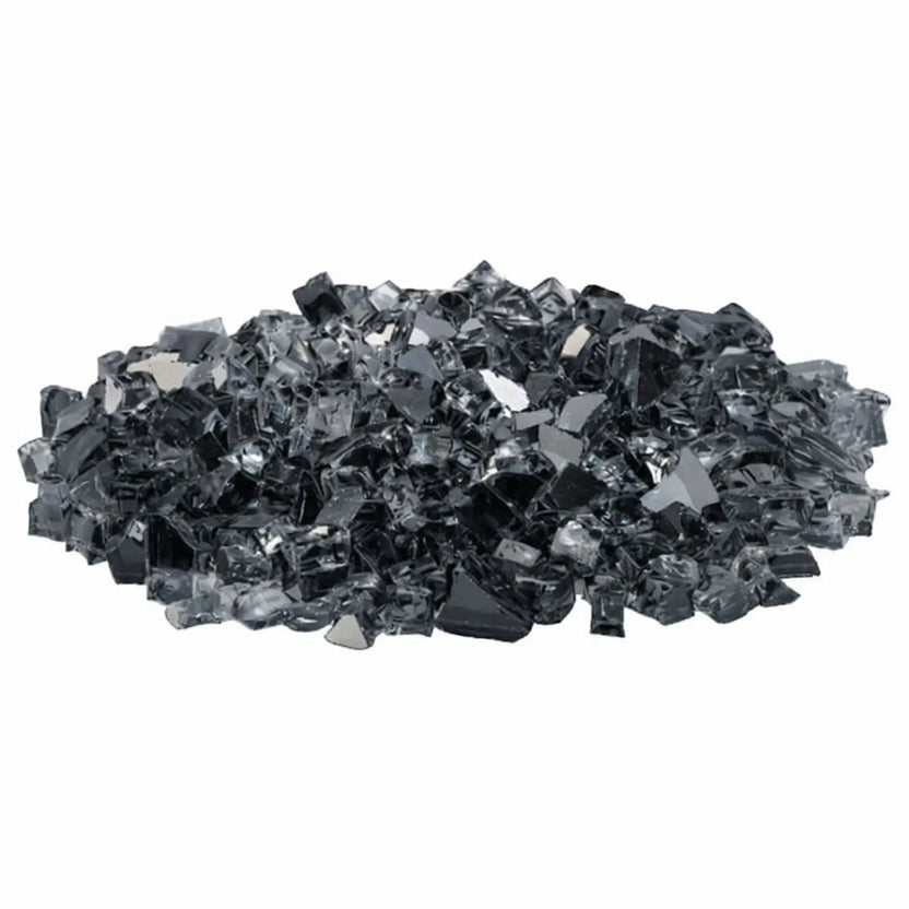 Pile of American Fire Products 1/2 inch premium reflective gray fire glass featuring smoky translucent gray tempered pieces with glossy faceted edges and mirrored backing, photographed on a white background to emphasize its sleek, modern tone for gas fireplaces and fire pits.