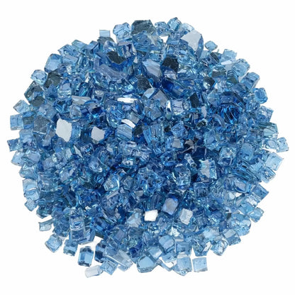 Top-down circular arrangement of 1/2 inch premium reflective Pacific blue fire glass by American Fire Products, emphasizing the vivid blue color, angular tempered pieces, and mirrored backing that enhances flame reflection.