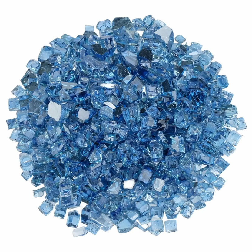 Top-down circular arrangement of 1/2 inch premium reflective Pacific blue fire glass by American Fire Products, emphasizing the vivid blue color, angular tempered pieces, and mirrored backing that enhances flame reflection.