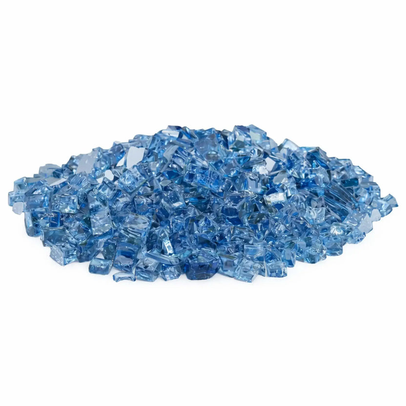 Pile of American Fire Products 1/2 inch premium reflective Pacific blue fire glass featuring vibrant blue translucent tempered pieces with glossy surfaces and mirrored backing, displayed on a white background for clean e-commerce presentation.