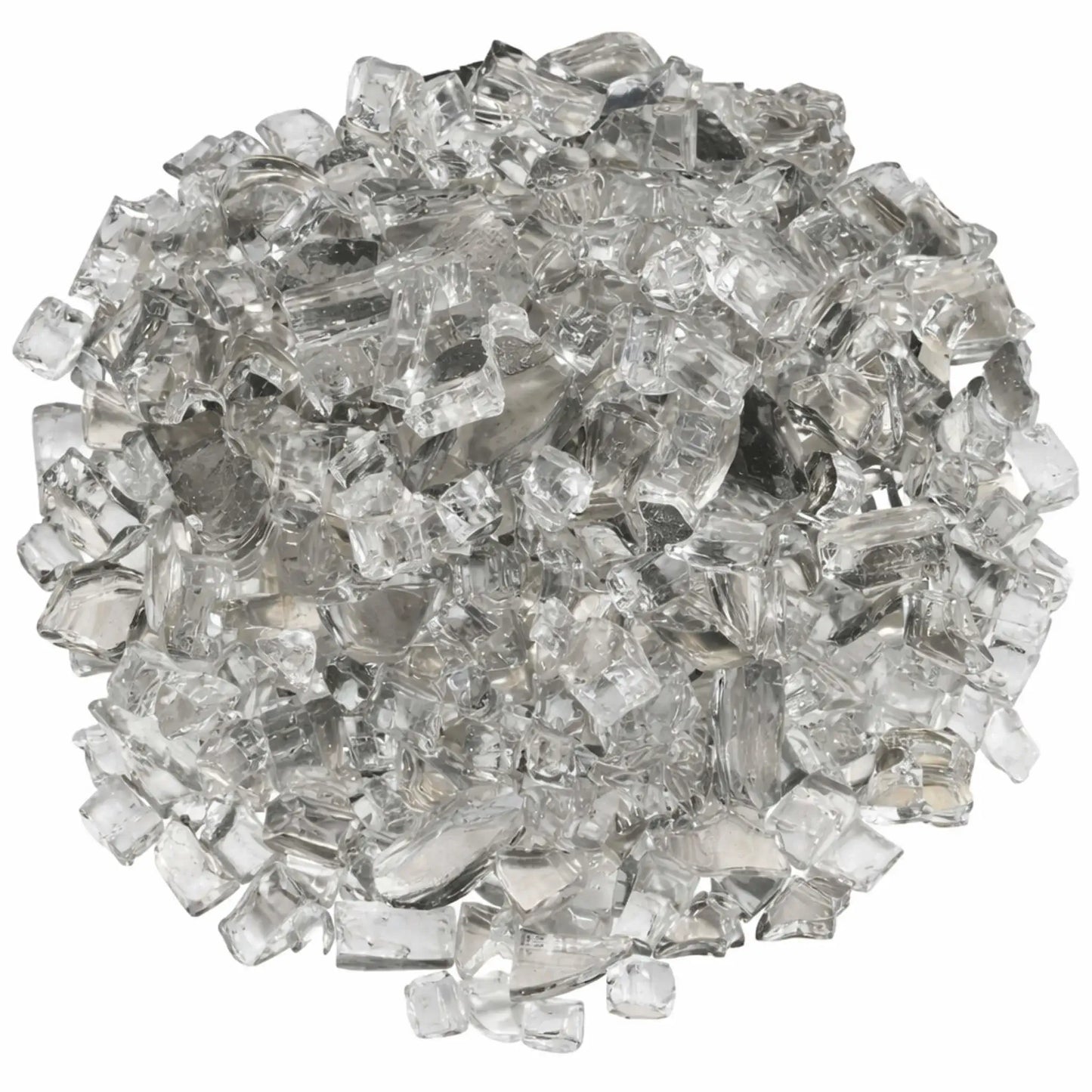 Overhead view of American Fire Products 1/2 inch premium reflective Starfire ultra clear titanium fire glass arranged in a full circular mound, showcasing crystal-clear tempered pieces with smooth, angular edges and a subtle mirrored titanium backing that enhances light reflection and adds brilliant sparkle to modern gas fire pits and fireplaces.