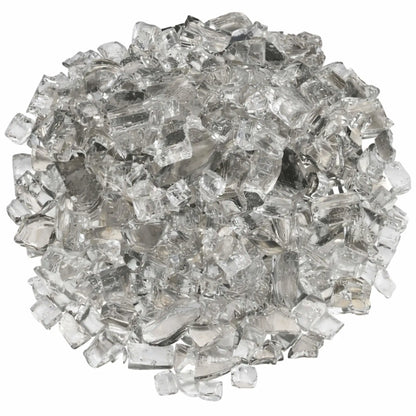 Overhead view of American Fire Products 1/2 inch premium reflective Starfire ultra clear titanium fire glass arranged in a full circular mound, showcasing crystal-clear tempered pieces with smooth, angular edges and a subtle mirrored titanium backing that enhances light reflection and adds brilliant sparkle to modern gas fire pits and fireplaces.