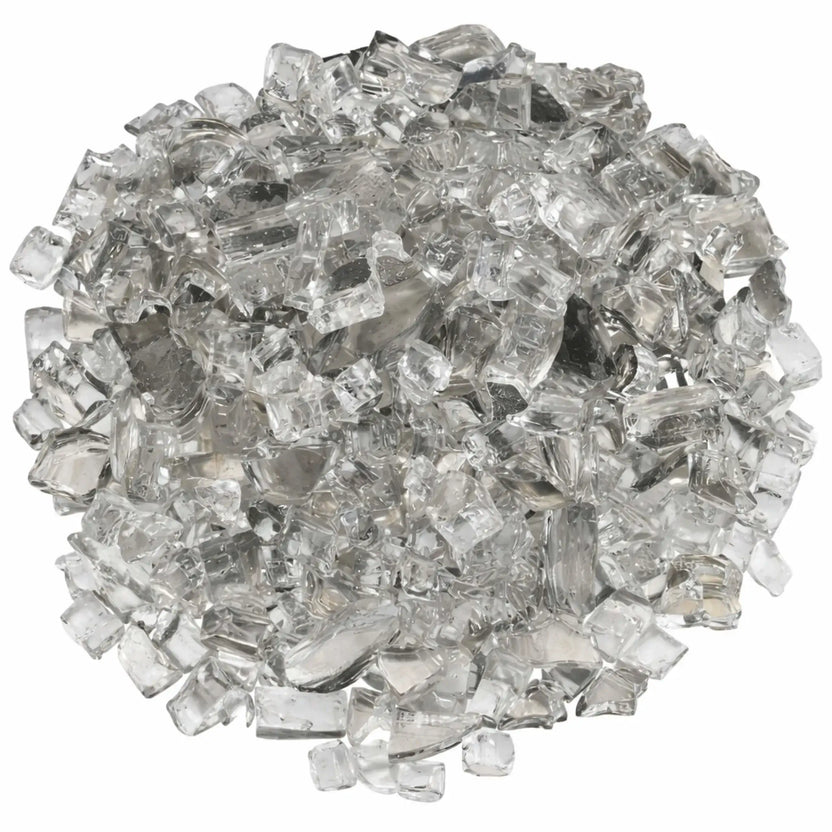 Overhead view of American Fire Products 1/2 inch premium reflective Starfire ultra clear titanium fire glass arranged in a full circular mound, showcasing crystal-clear tempered pieces with smooth, angular edges and a subtle mirrored titanium backing that enhances light reflection and adds brilliant sparkle to modern gas fire pits and fireplaces.