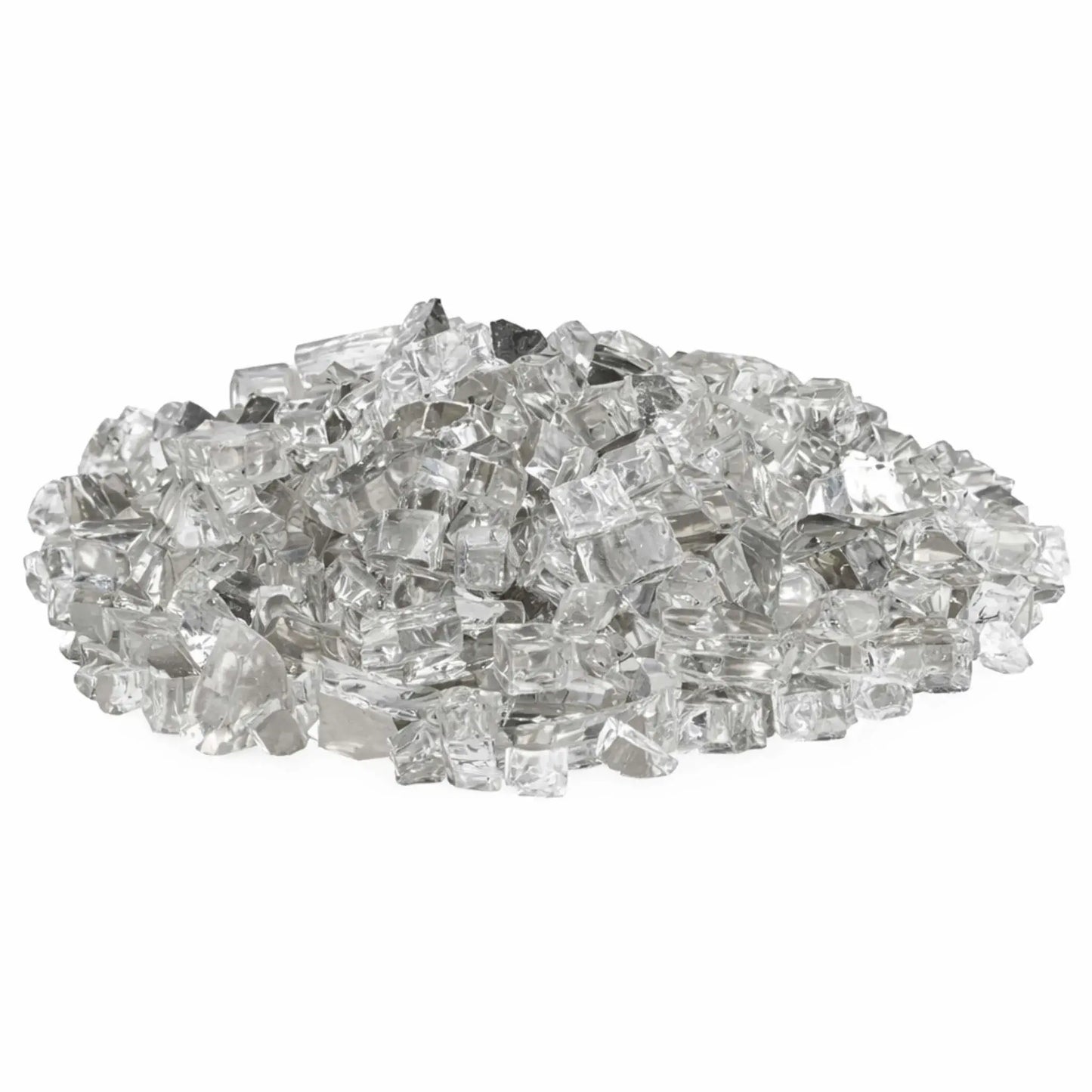 Mound of American Fire Products 1/2 inch premium reflective Starfire ultra clear titanium fire glass featuring crystal-clear tempered pieces with a subtle metallic reflective backing, photographed on a white background to highlight clarity and sparkle.