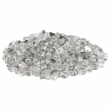 Mound of American Fire Products 1/2 inch premium reflective Starfire ultra clear titanium fire glass featuring crystal-clear tempered pieces with a subtle metallic reflective backing, photographed on a white background to highlight clarity and sparkle.