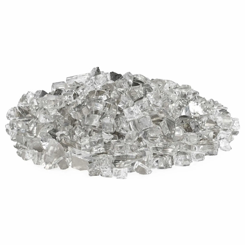 Mound of American Fire Products 1/2 inch premium reflective Starfire ultra clear titanium fire glass featuring crystal-clear tempered pieces with a subtle metallic reflective backing, photographed on a white background to highlight clarity and sparkle.