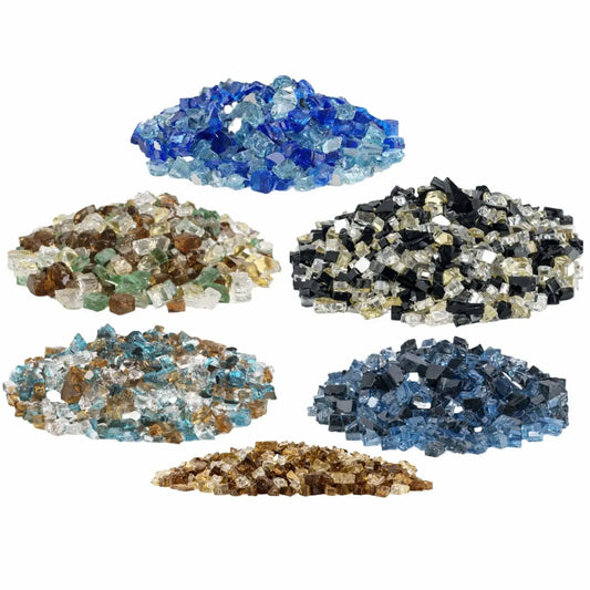 Composite image displaying multiple American Fire Products 1/2 inch reflective tempered fire glass pre-mix blends, including blue, aqua, amber, clear, black, and gold-toned combinations, each arranged in separate piles against a clean white background.