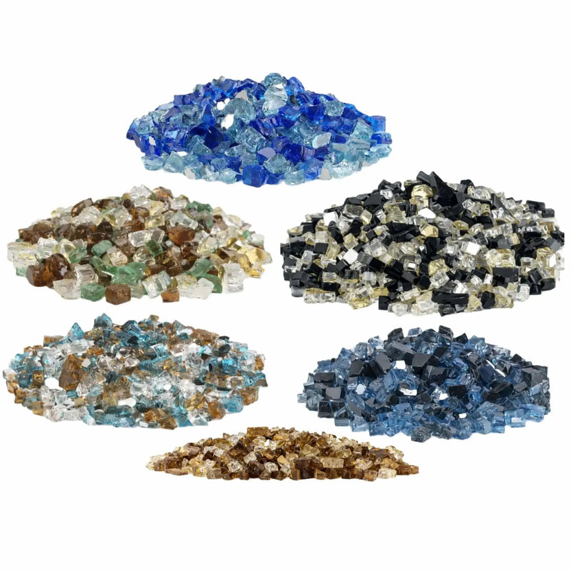 Composite image displaying multiple American Fire Products 1/2 inch reflective tempered fire glass pre-mix blends, including blue, aqua, amber, clear, black, and gold-toned combinations, each arranged in separate piles against a clean white background.