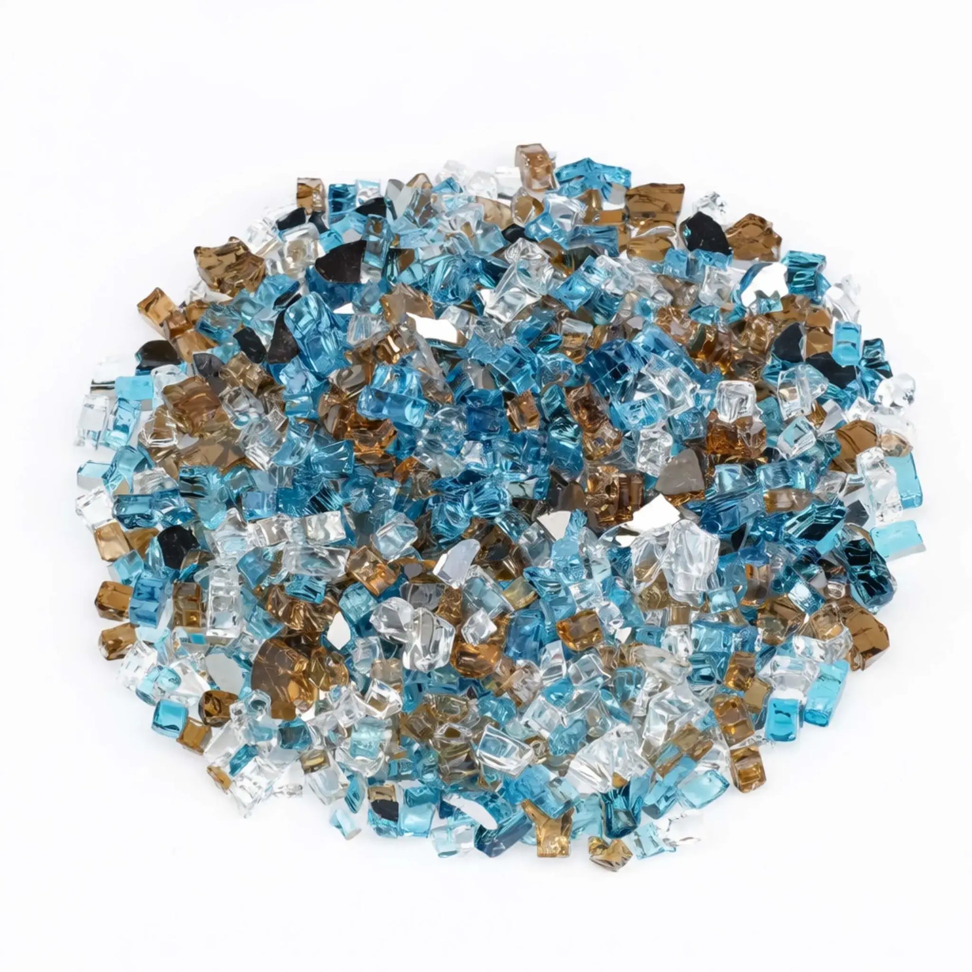 Top-down view of Bali pre-mix 1/2 inch reflective tempered fire glass, highlighting the evenly blended mix of aqua blue, warm amber, and clear glass pieces arranged in a circular mound.