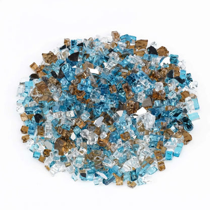 Top-down view of Bali pre-mix 1/2 inch reflective tempered fire glass, highlighting the evenly blended mix of aqua blue, warm amber, and clear glass pieces arranged in a circular mound.