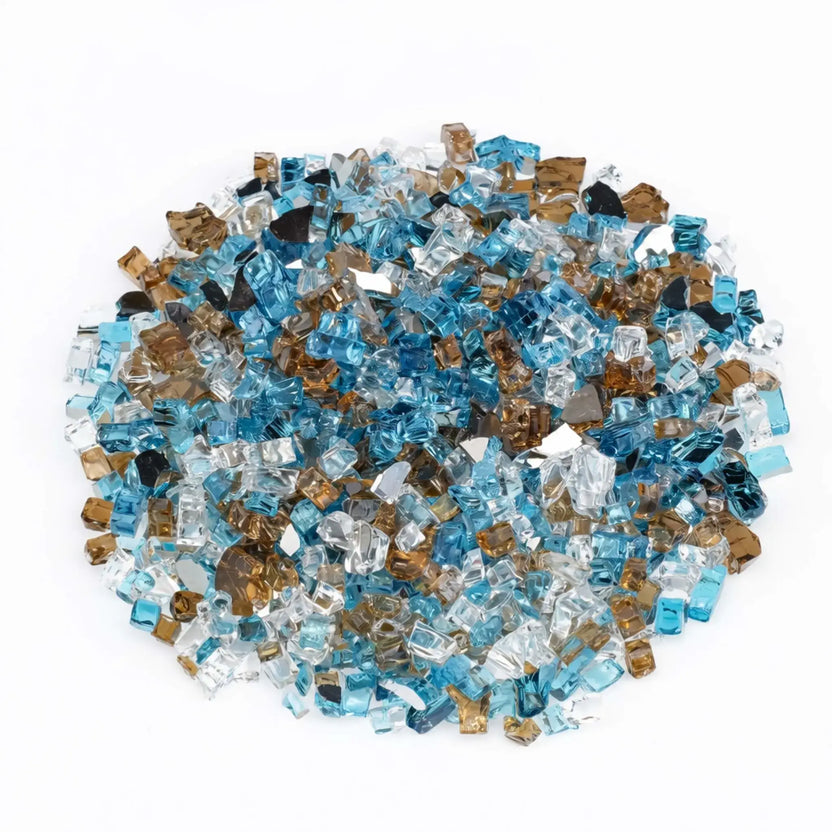 Top-down view of Bali pre-mix 1/2 inch reflective tempered fire glass, highlighting the evenly blended mix of aqua blue, warm amber, and clear glass pieces arranged in a circular mound.