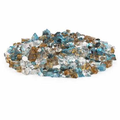 A mound of American Fire Products 1/2 inch reflective tempered fire glass in the Bali pre-mix blend, featuring a vibrant combination of aqua blue, amber, and clear glass pieces with a glossy, light-catching finish.
