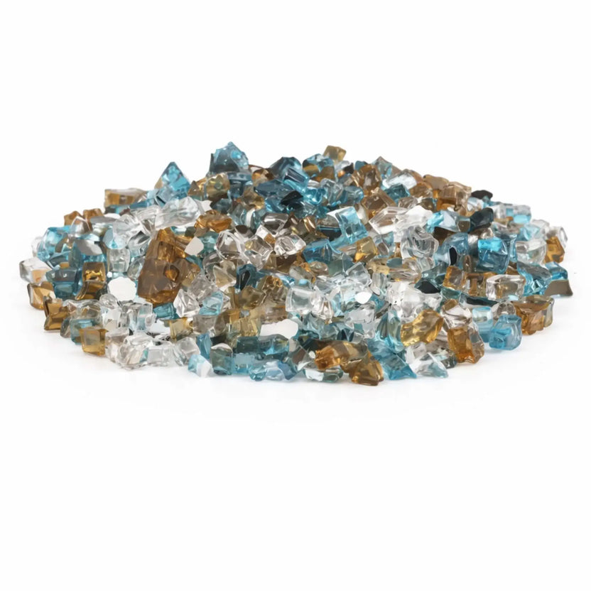 A mound of American Fire Products 1/2 inch reflective tempered fire glass in the Bali pre-mix blend, featuring a vibrant combination of aqua blue, amber, and clear glass pieces with a glossy, light-catching finish.
