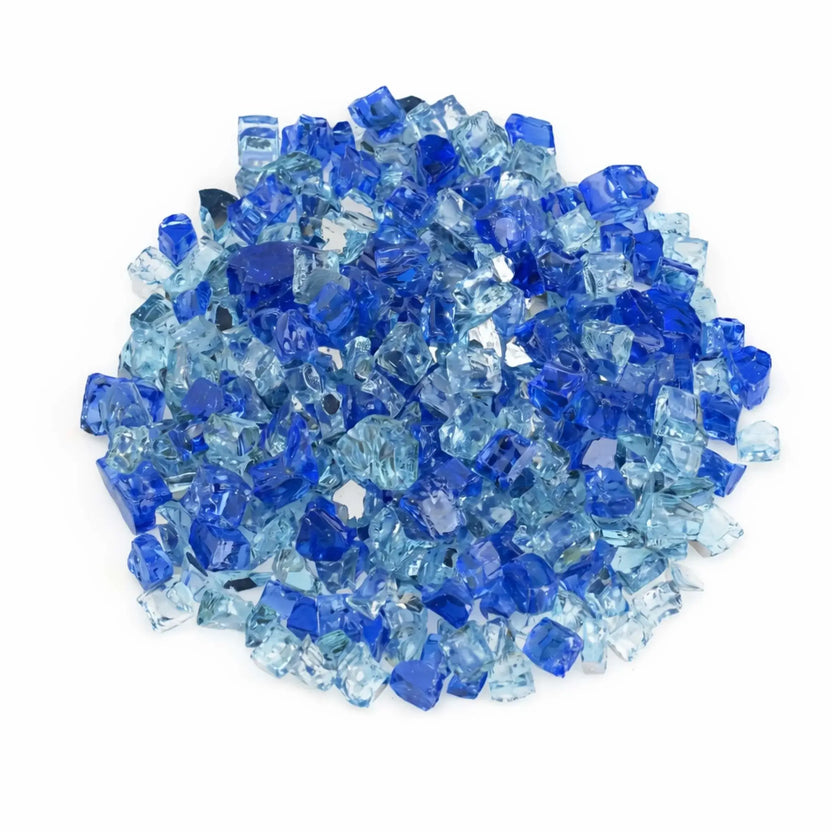 Overhead view of Bora Bora pre-mix 1/2 inch reflective tempered fire glass arranged in a rounded pile, blending vibrant royal blue and translucent aqua tones.