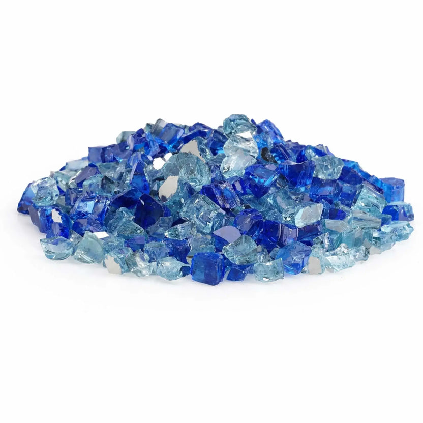 Pile of Bora Bora pre-mix 1/2 inch reflective tempered fire glass featuring a striking mix of deep cobalt blue and light aqua blue glass pieces with glossy, reflective surfaces.