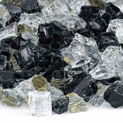 Close-up of Las Vegas 1/2 inch reflective fire glass highlighting the mix of jet black, crystal clear, and light gold tempered glass pieces with sharp, polished edges and mirrored shine.