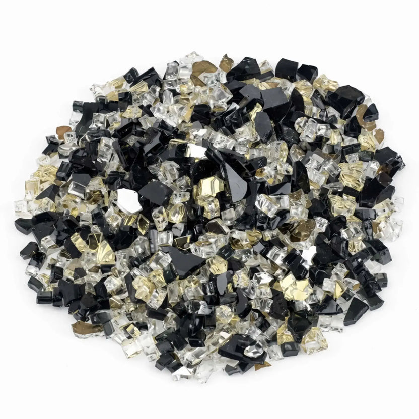 Top view of Las Vegas pre-mix 1/2 inch reflective tempered fire glass, showing an even distribution of black, clear, and golden glass pieces in a neatly arranged circular mound.