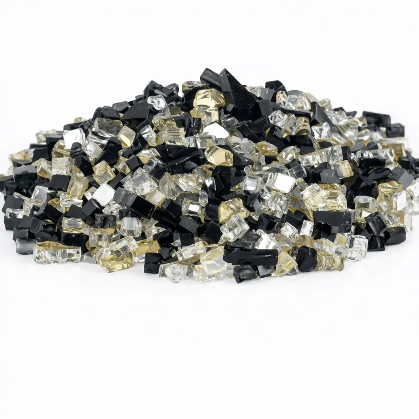 Mound of Las Vegas pre-mix 1/2 inch reflective tempered fire glass combining glossy black, clear, and champagne gold glass pieces for a bold, high-contrast fire pit media look.