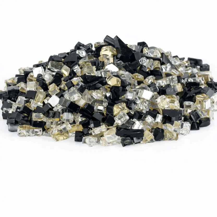 Mound of Las Vegas pre-mix 1/2 inch reflective tempered fire glass combining glossy black, clear, and champagne gold glass pieces for a bold, high-contrast fire pit media look.