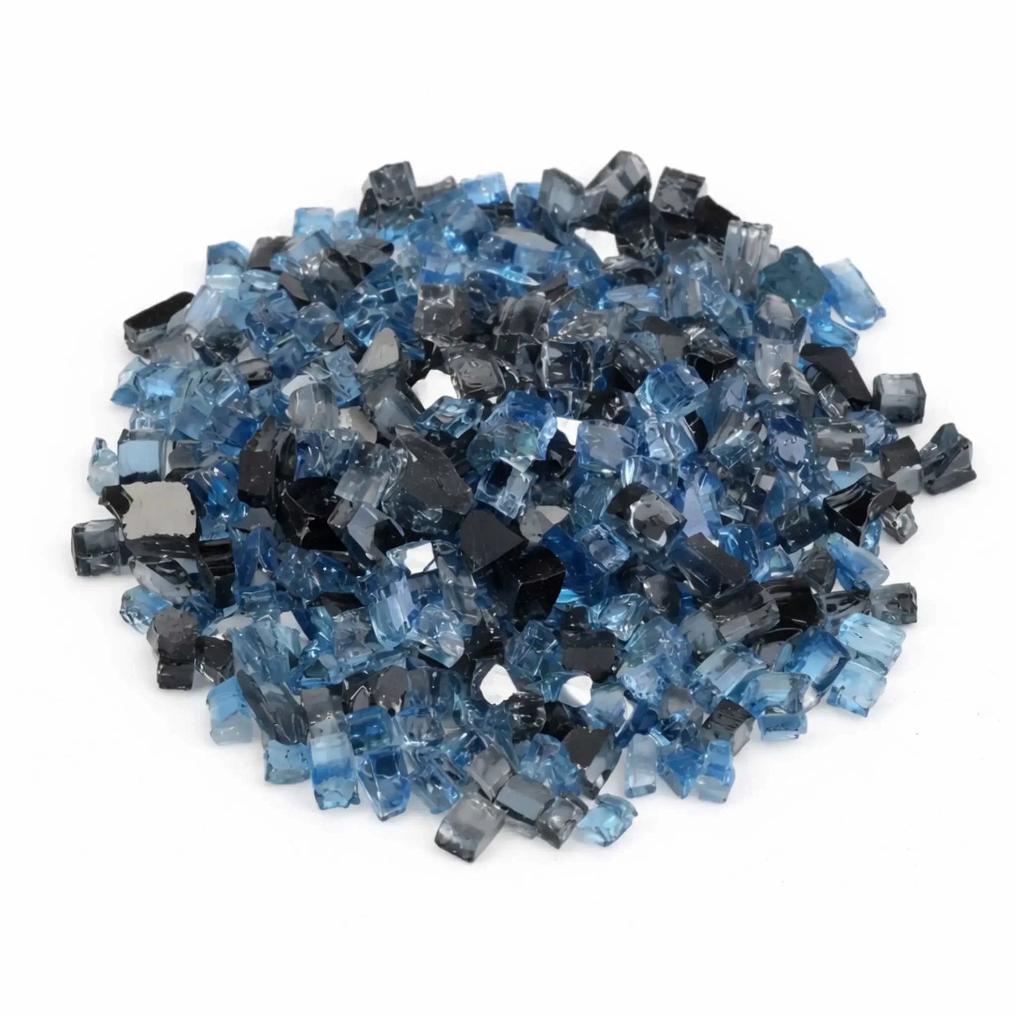 Overhead view of Maui Breeze pre-mix 1/2 inch reflective tempered fire glass arranged in a circular mound, highlighting the balanced mix of navy, steel gray, and icy blue tones.