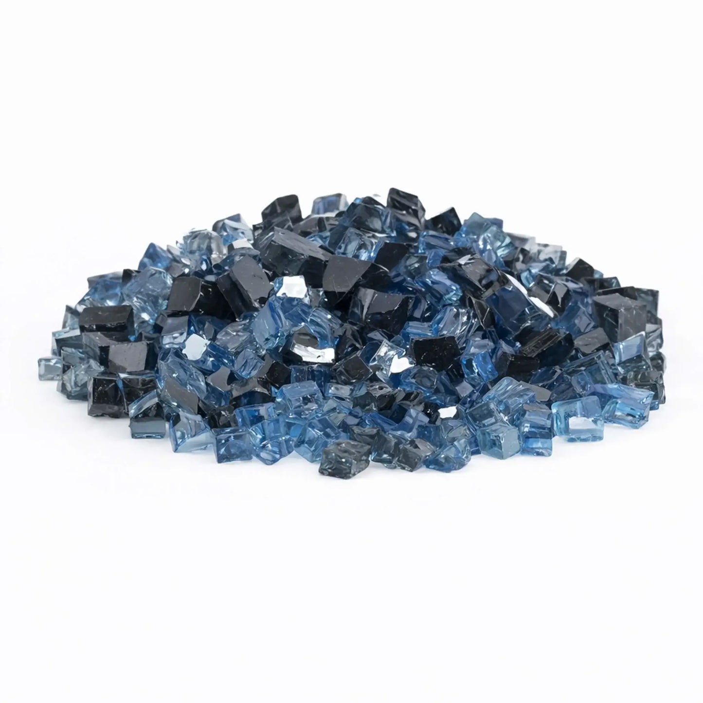 Pile of American Fire Products 1/2 inch reflective tempered fire glass in the Maui Breeze pre-mix, blending deep navy, smoky charcoal, and translucent sky blue pieces with a glossy, mirror-like finish.