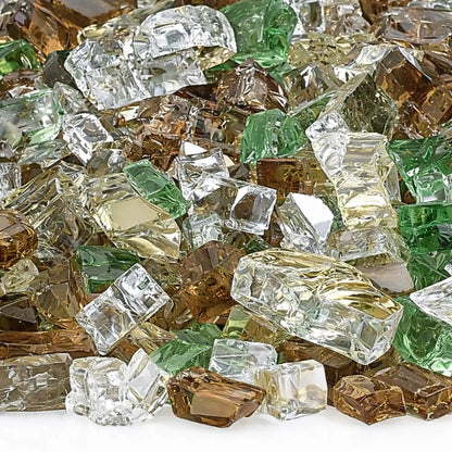 Detailed close-up of Yosemite 1/2 inch reflective fire glass showing earthy amber, moss green, champagne, and clear tempered glass pieces with crisp edges and shimmering reflective surfaces.