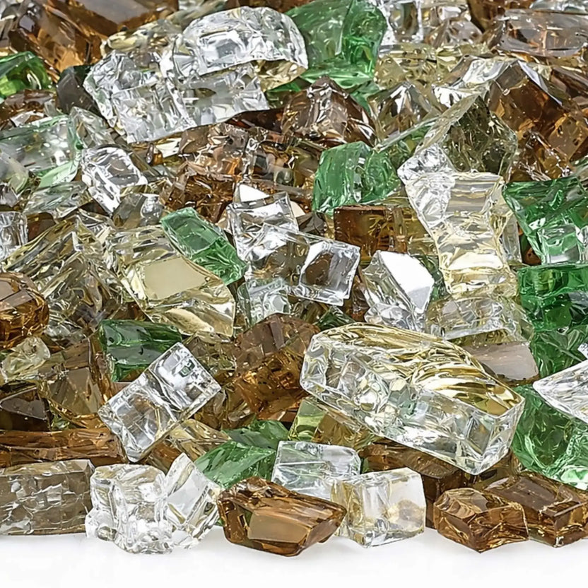 Detailed close-up of Yosemite 1/2 inch reflective fire glass showing earthy amber, moss green, champagne, and clear tempered glass pieces with crisp edges and shimmering reflective surfaces.