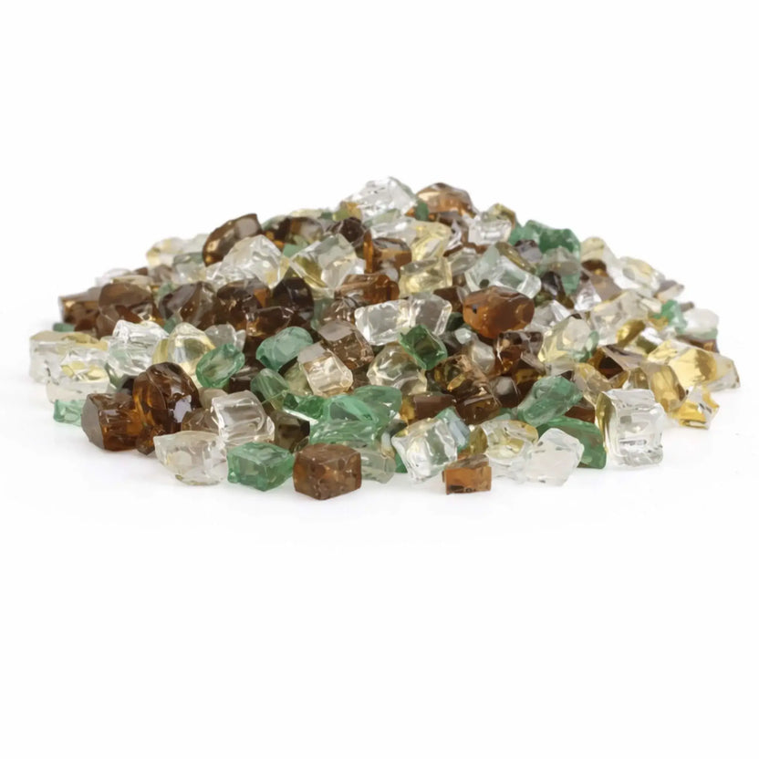 Mound of Yosemite pre-mix 1/2 inch reflective tempered fire glass featuring a natural blend of amber brown, soft green, pale gold, and clear glass pieces with a polished, light-reflective sheen.