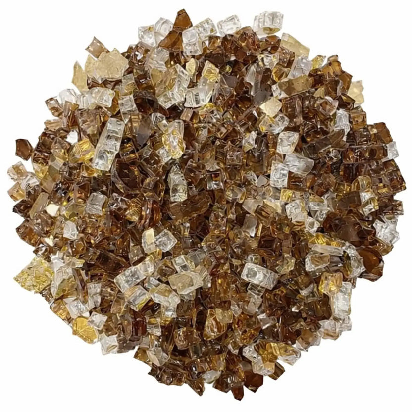 Overhead view of Zion pre-mix 1/2 inch reflective tempered fire glass arranged in a circular mound, displaying a rich mix of bronze, gold, and clear glass chunks with a polished, reflective finish.