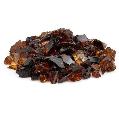 Pile of American Fire Products tempered recycled broken glass in Auburn finish, featuring a rich blend of amber, bronze, and deep brown translucent pieces with reflective edges for gas fire pits and fireplaces.